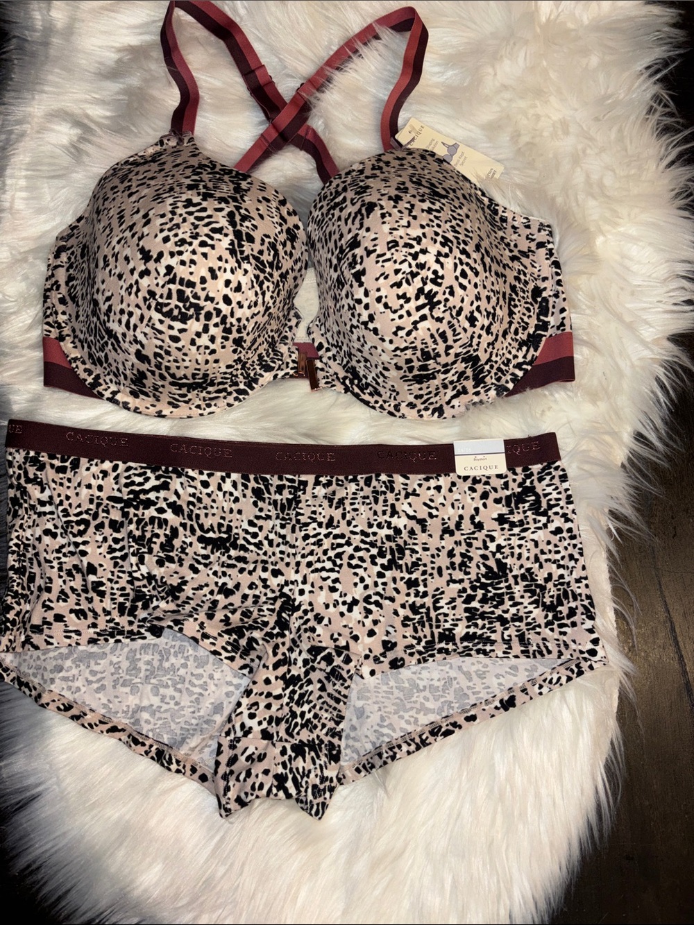 Cacique Blush Pink and Black Leopard T-Shirt Bra & Boyshort Set